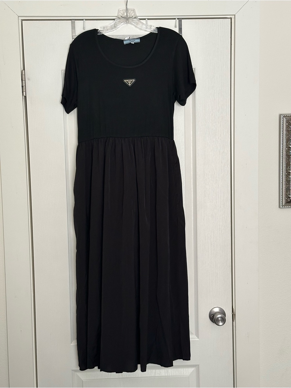 FAUX Prada Black Short-Sleeve Maxi Dress with Logo Plaque & Pockets